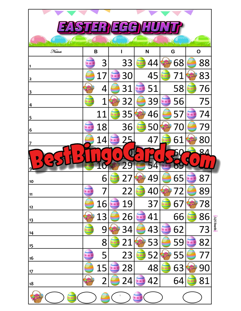 Bingo Boards 1-18 Lines - Easter Egg Hunt Straight Mixed 90 Ball Sets