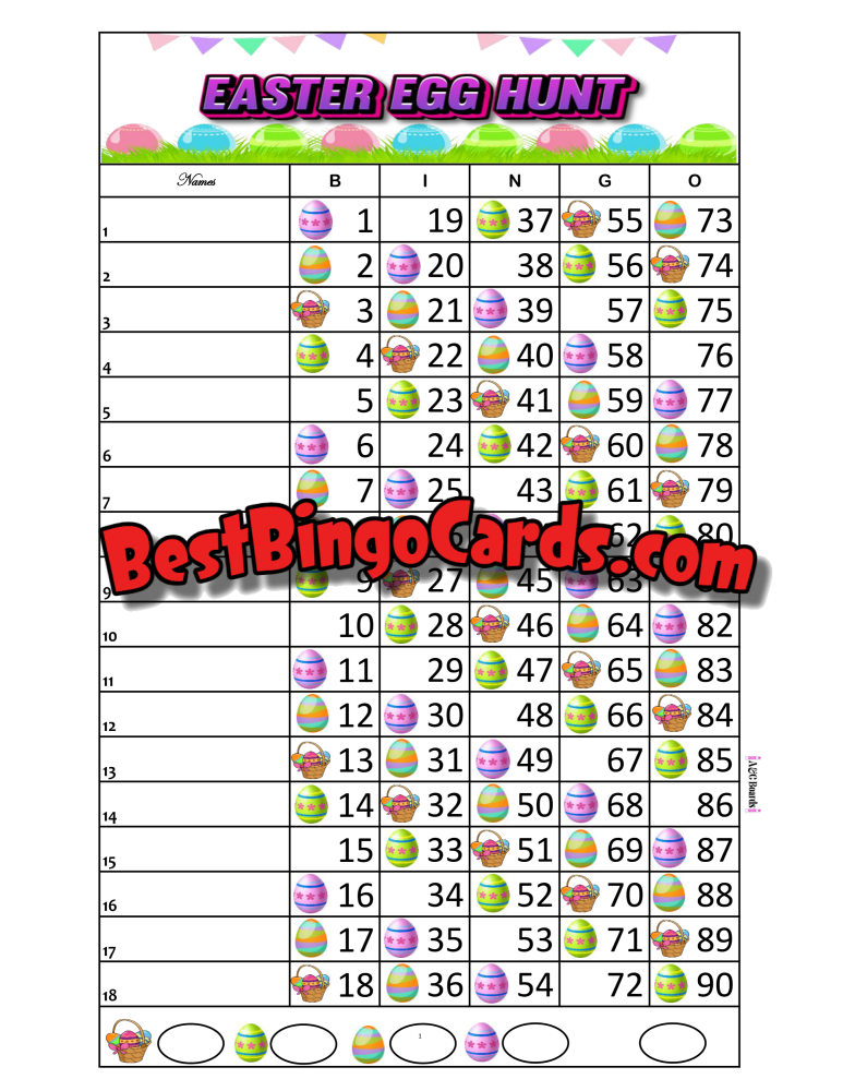 Bingo Boards 1-18 Lines - Easter Egg Hunt Straight Mixed 90 Ball Sets