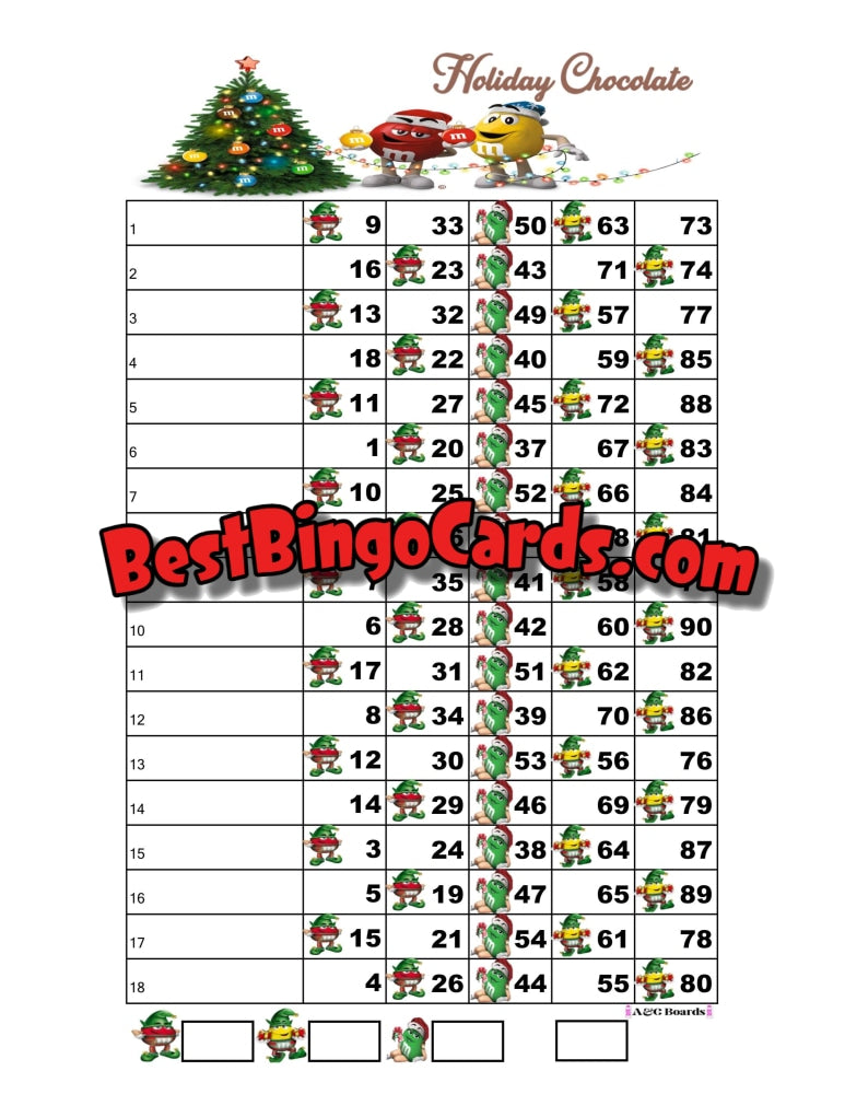 Bingo Boards 1-18 Lines - Holiday Chocolate Straight Mixed 90 Ball Sets