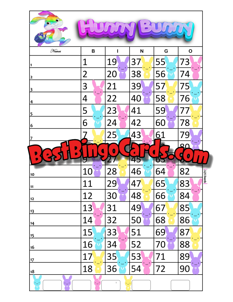 Bingo Boards 1-18 Lines - Hunny Bunny Straight Mixed 90 Ball Sets