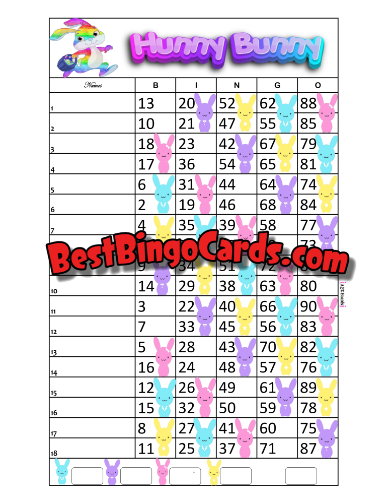 Bingo Boards 1-18 Lines - Hunny Bunny Straight Mixed 90 Ball Sets