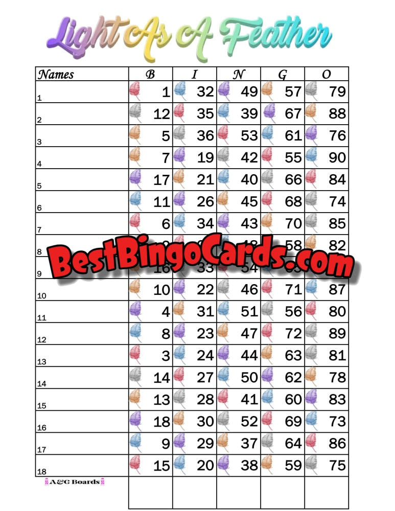 Bingo Boards 1-18 Lines - Light As A Feather Straight Mixed 90 Ball Sets