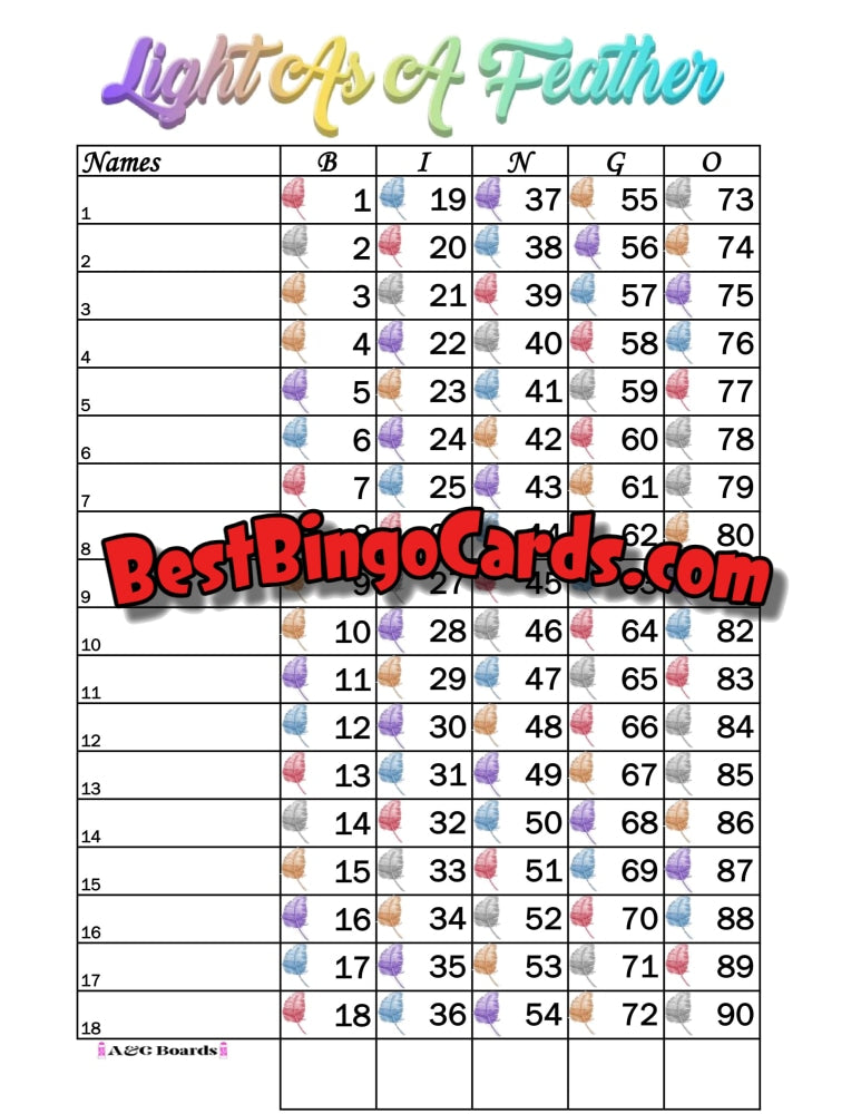 Bingo Boards 1-18 Lines - Light As A Feather Straight Mixed 90 Ball Sets