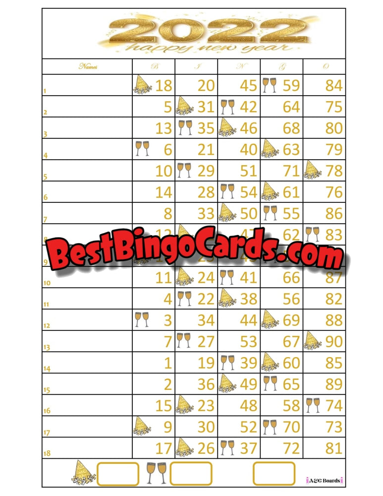 Bingo Boards 1-18 Lines - Nye 2022 Straight Mixed 90 Ball Sets