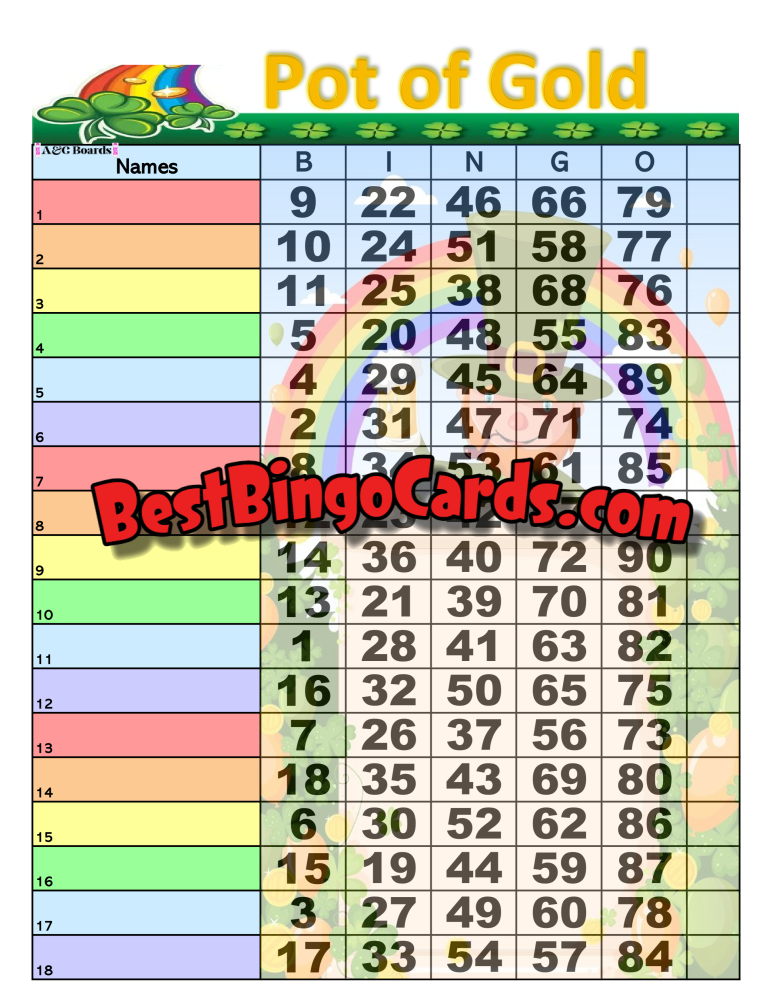 Bingo Boards 1-18 Lines - Pot Of Gold Straight Mixed 90 Ball Sets