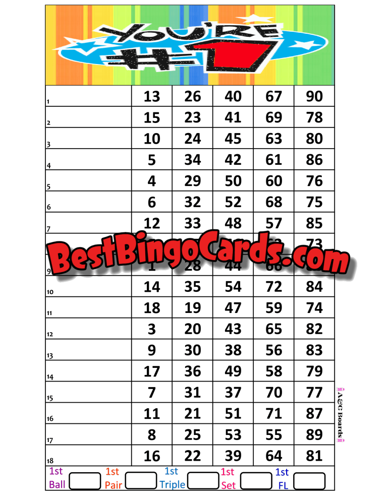 Bingo Boards 1-18 Lines - Youre Number One Straight Mixed 90 Ball Sets