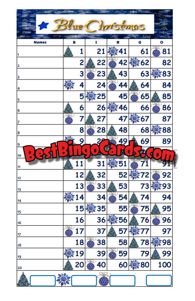 Bingo Boards 1-20 Line - Blue Christmas Straight Mixed 100 Ball Sets
