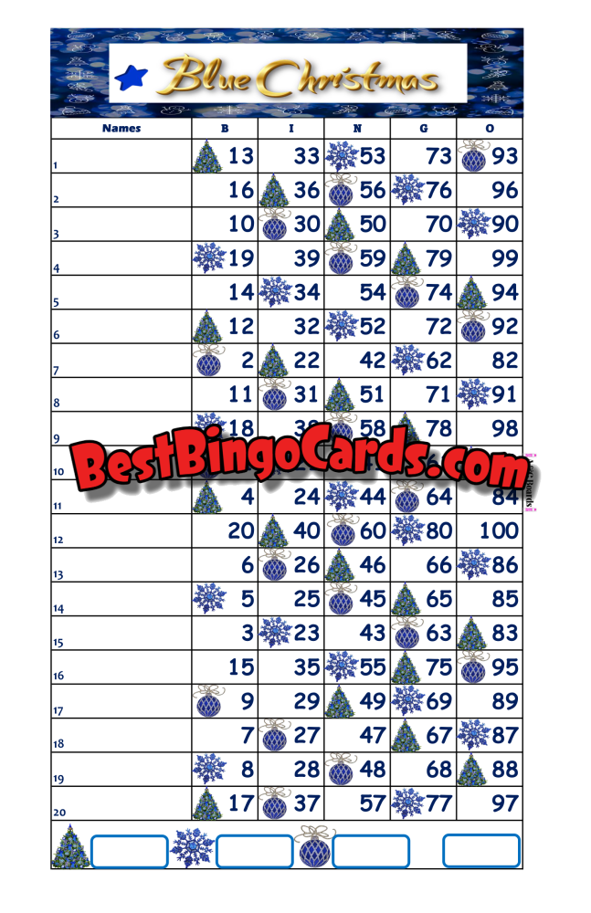 Bingo Boards 1-20 Line - Blue Christmas Straight Mixed 100 Ball Sets