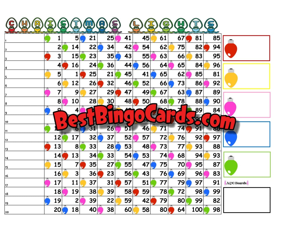Bingo Boards 1-20 Line Double - Christmas Lights Mixed 100 Ball Sets