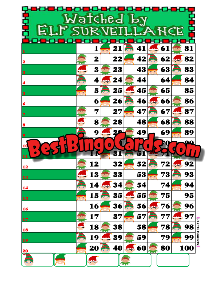 Bingo Boards 1-20 Line - Elf Surveillance Straight Mixed 100 Ball Sets