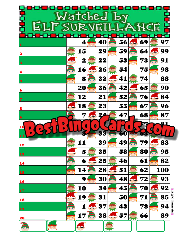 Bingo Boards 1-20 Line - Elf Surveillance Straight Mixed 100 Ball Sets