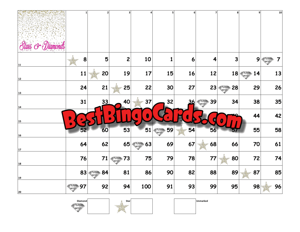 Bingo Boards 1-20 Line Grid - Stars And Diamonds Straight Mixed 100 Ball Sets
