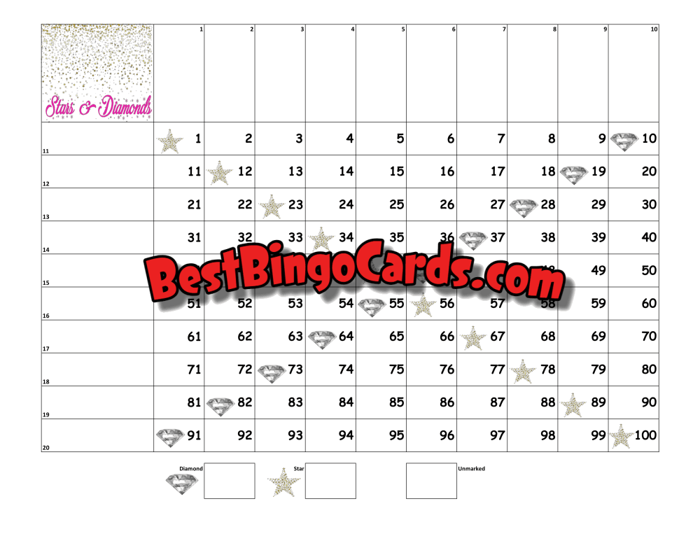 Bingo Boards 1-20 Line Grid - Stars And Diamonds Straight Mixed 100 Ball Sets