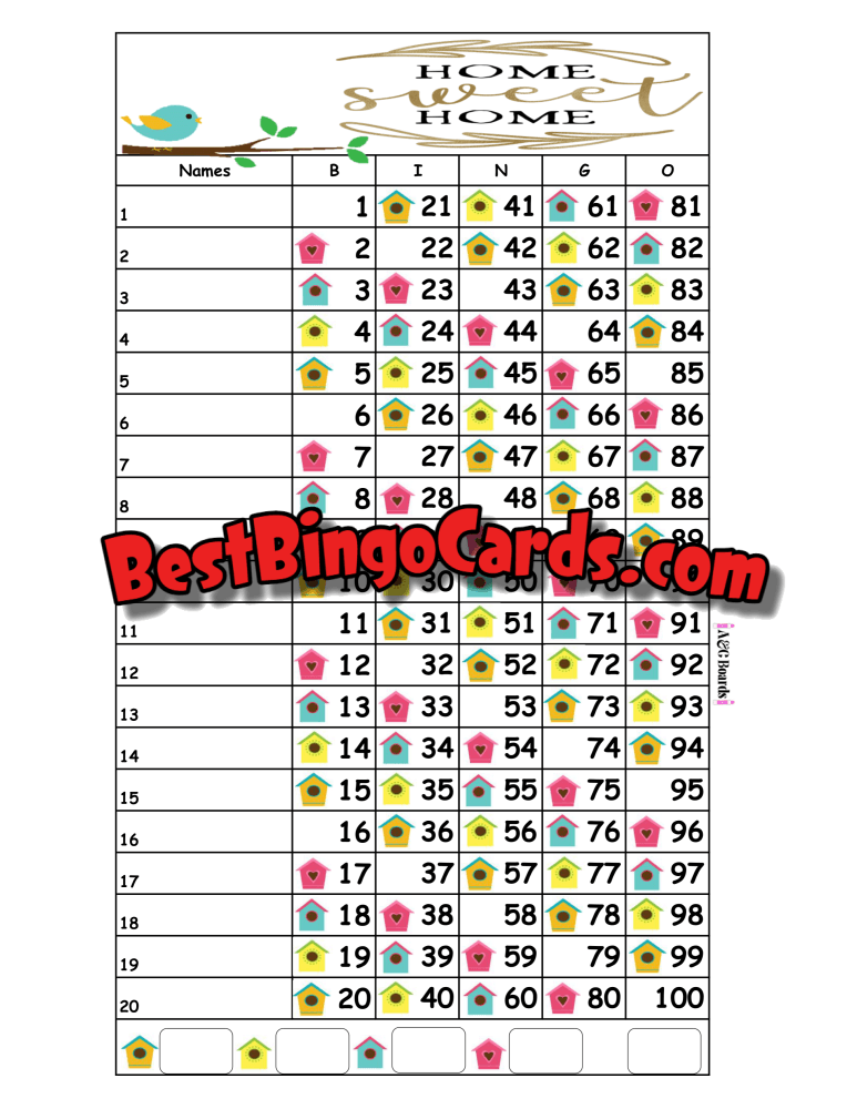 Bingo Boards 1-20 Line - Home Sweet Straight Mixed 100 Ball Sets