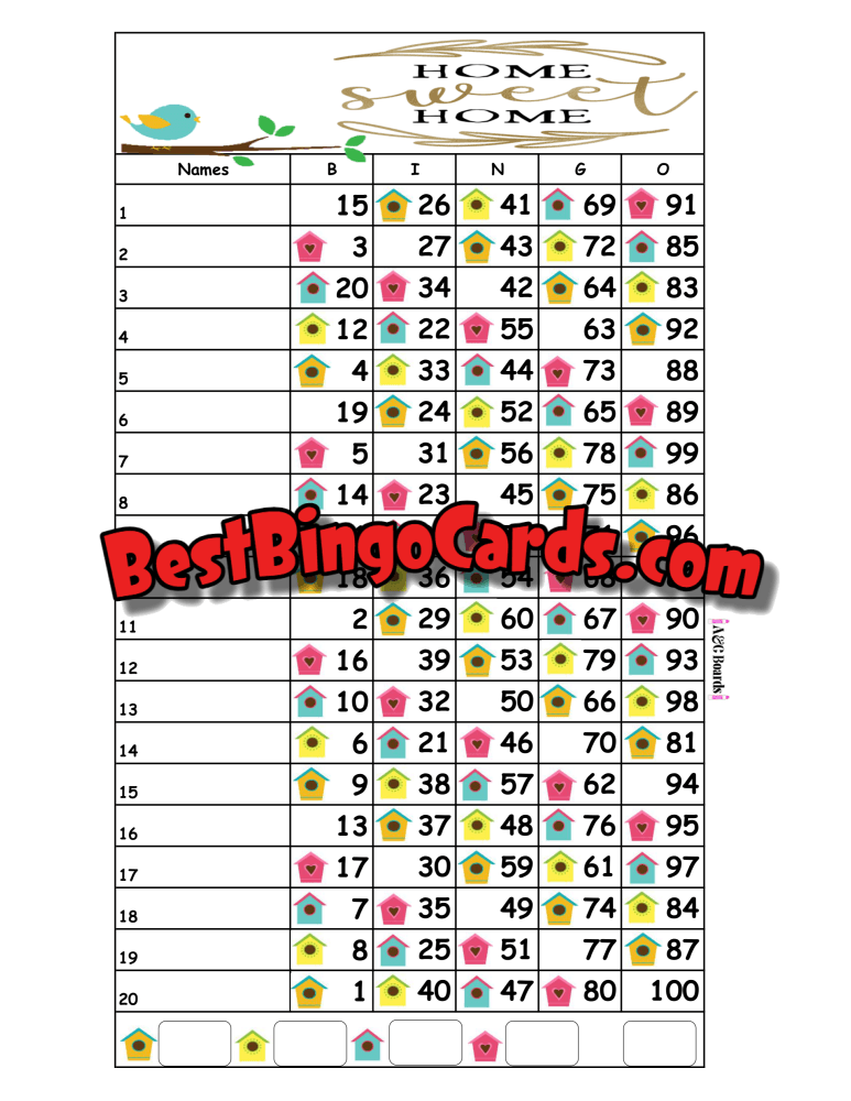 Bingo Boards 1-20 Line - Home Sweet Straight Mixed 100 Ball Sets