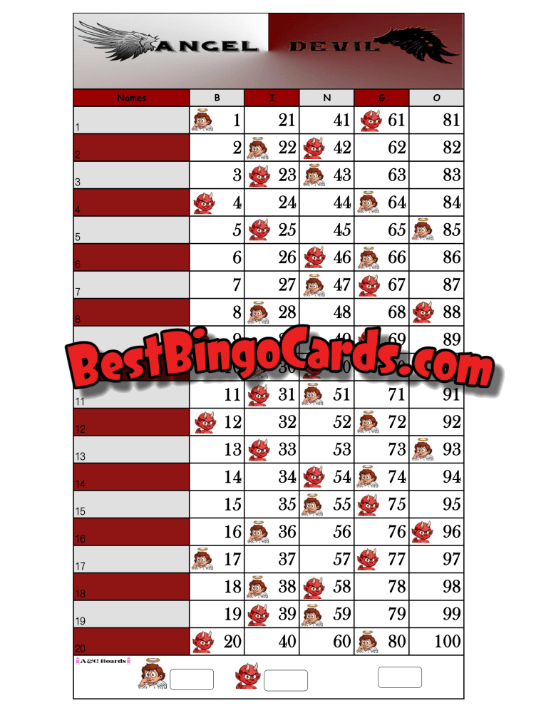 Bingo Boards 1-20 Lines - Angel Vs Devil Straight Mixed 100 Ball Sets