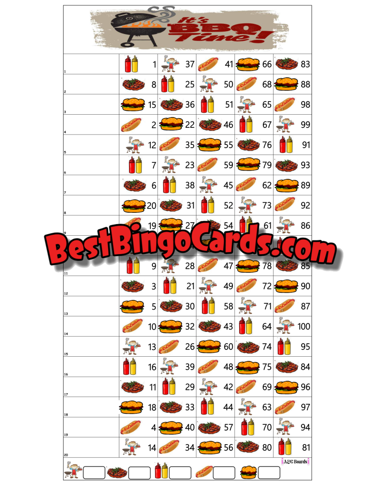 Bingo Boards 1-20 Lines - Bbq Time Straight Mixed 100 Ball Sets