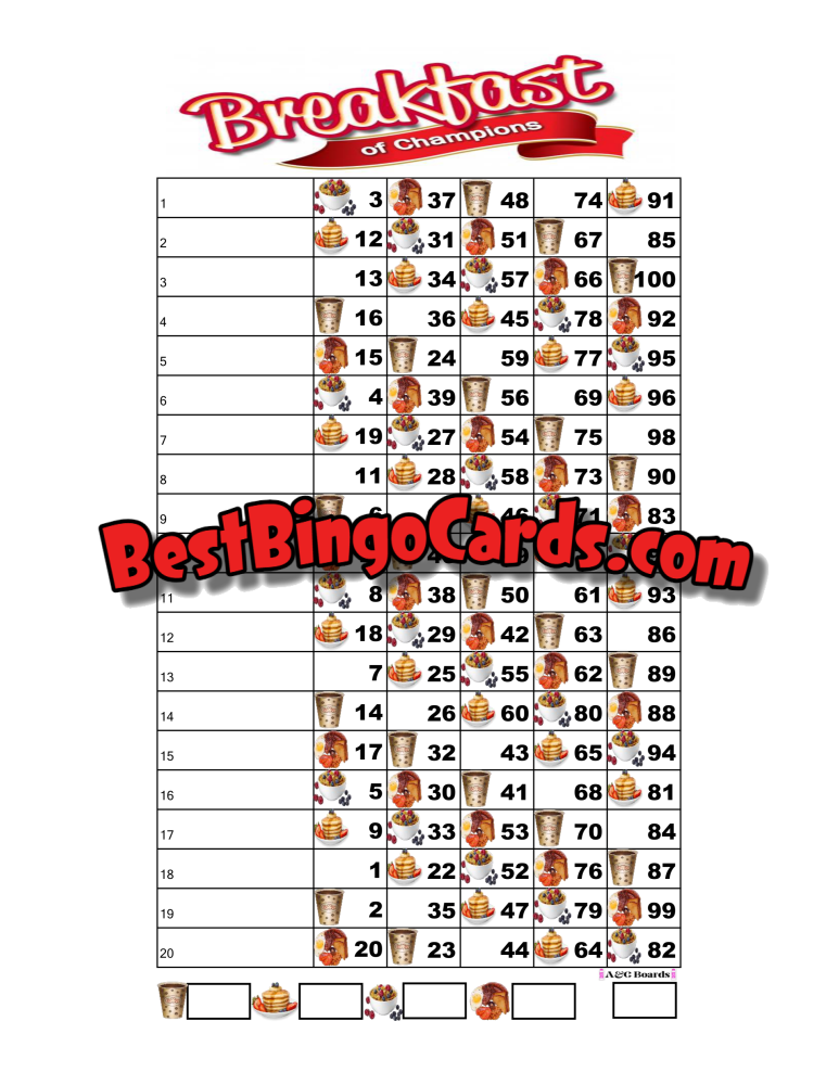 Bingo Boards 1-20 Lines - Breakfast Of Champions Straight Mixed 100 Ball Sets