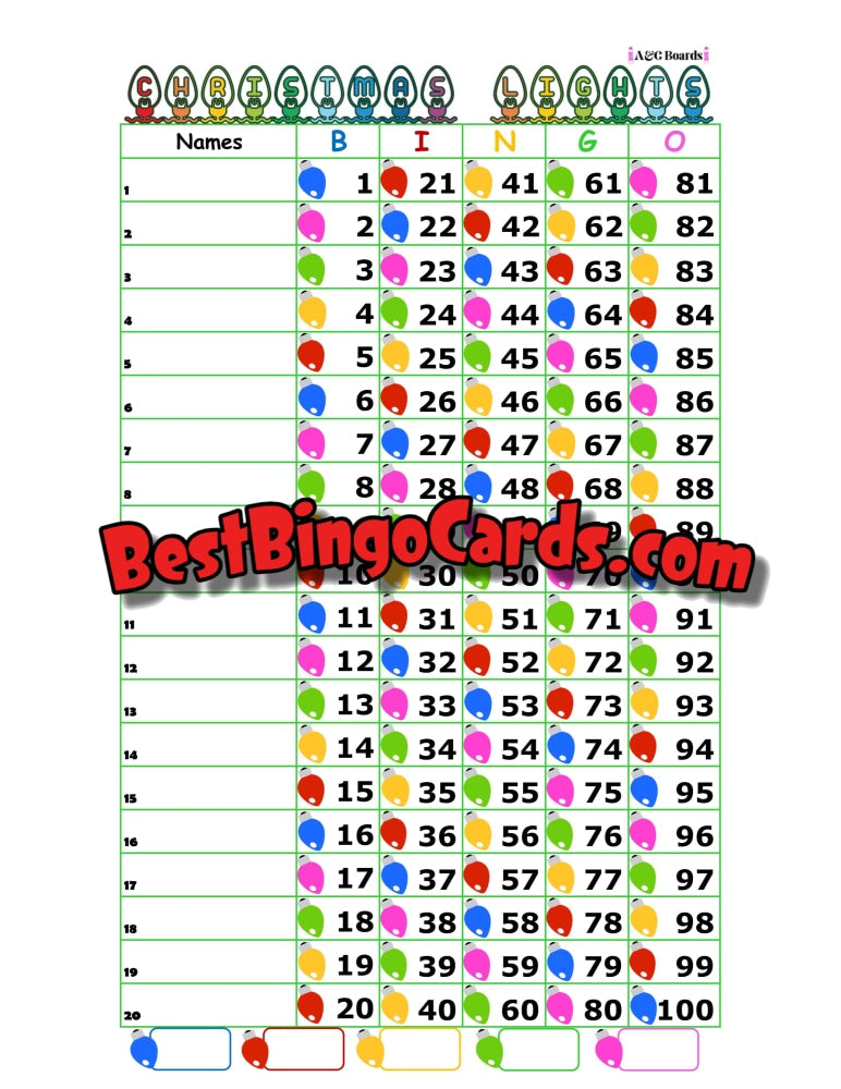 Bingo Boards 1-20 Lines - Christmas Lights Straight And Mixed 100 Ball Sets