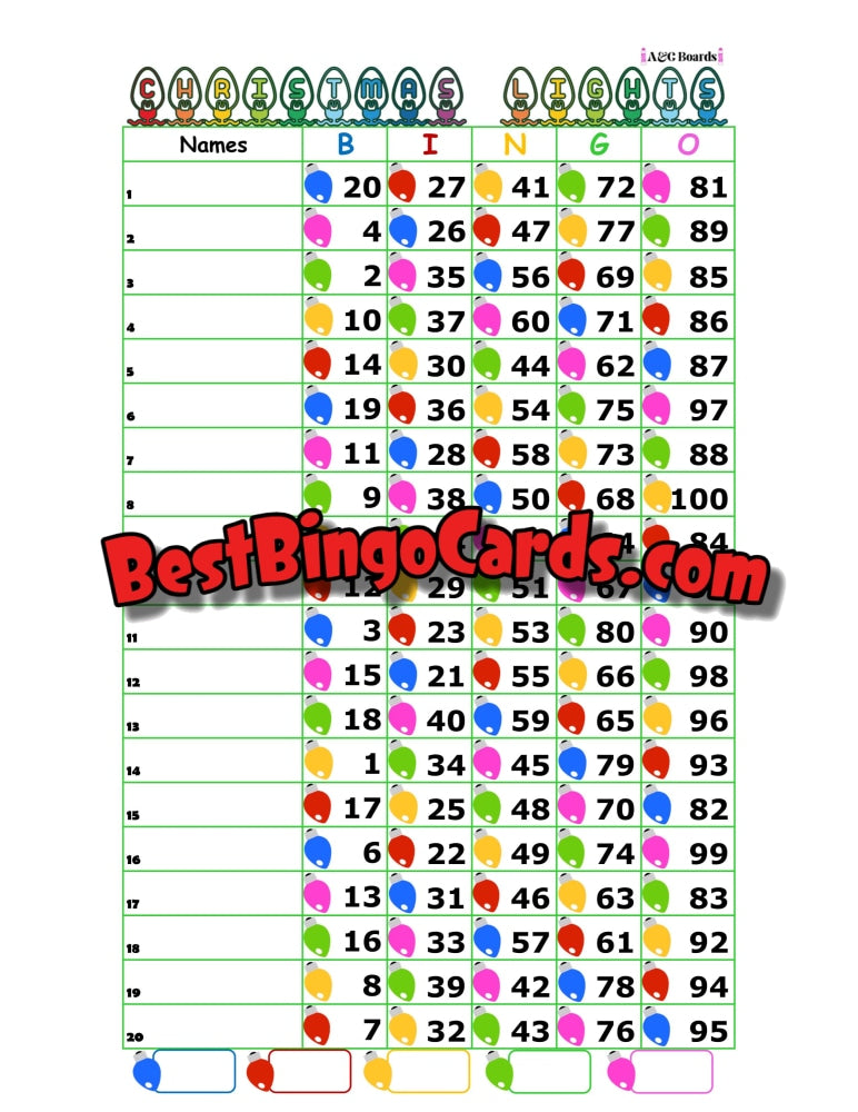 Bingo Boards 1-20 Lines - Christmas Lights Straight And Mixed 100 Ball Sets