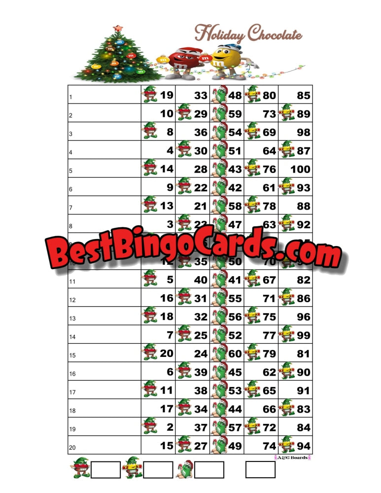 Bingo Boards 1-20 Lines - Holiday Chocolate Straight Mixed 100 Ball Sets