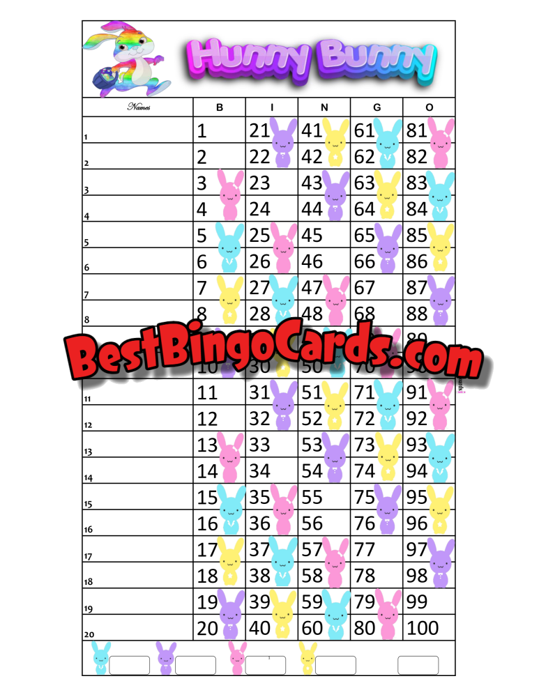 Bingo Boards 1-20 Lines - Hunny Bunny Straight Mixed 100 Ball Sets