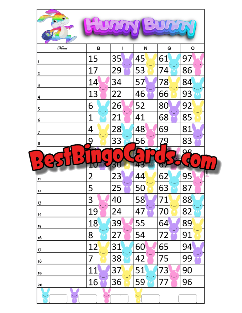 Bingo Boards 1-20 Lines - Hunny Bunny Straight Mixed 100 Ball Sets