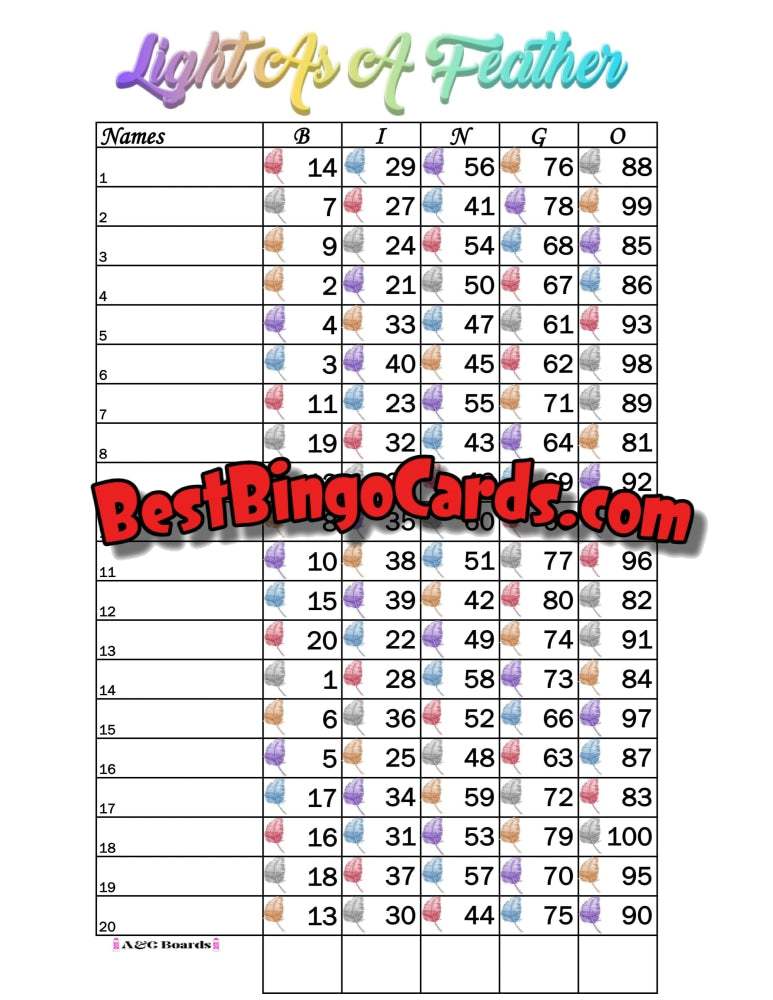Bingo Boards 1-20 Lines - Light As A Feather Straight Mixed 100 Ball Sets