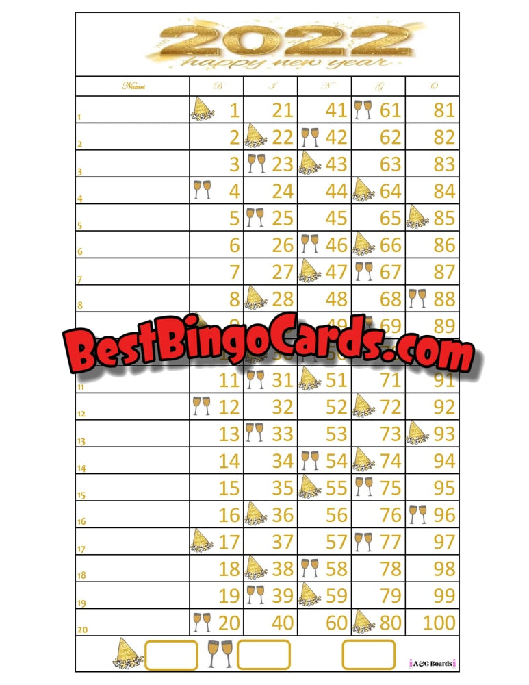 Bingo Boards 1-20 Lines - Nye 2022 Straight Mixed 100 Ball Sets