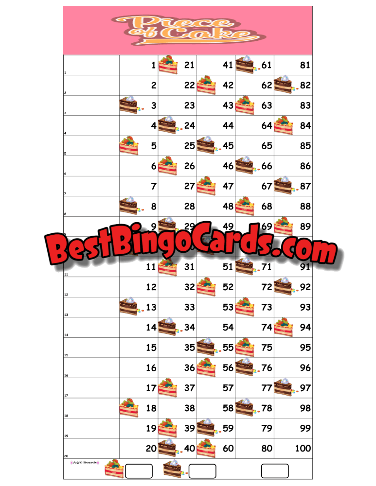 Bingo Boards 1-20 Lines - Piece Of Cake Straight Mixed 100 Ball Sets