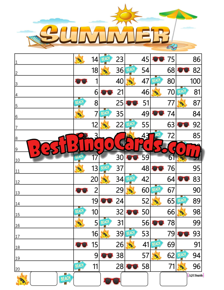 Bingo Boards 1-20 Lines - Summer Straight Mixed 100 Ball Sets
