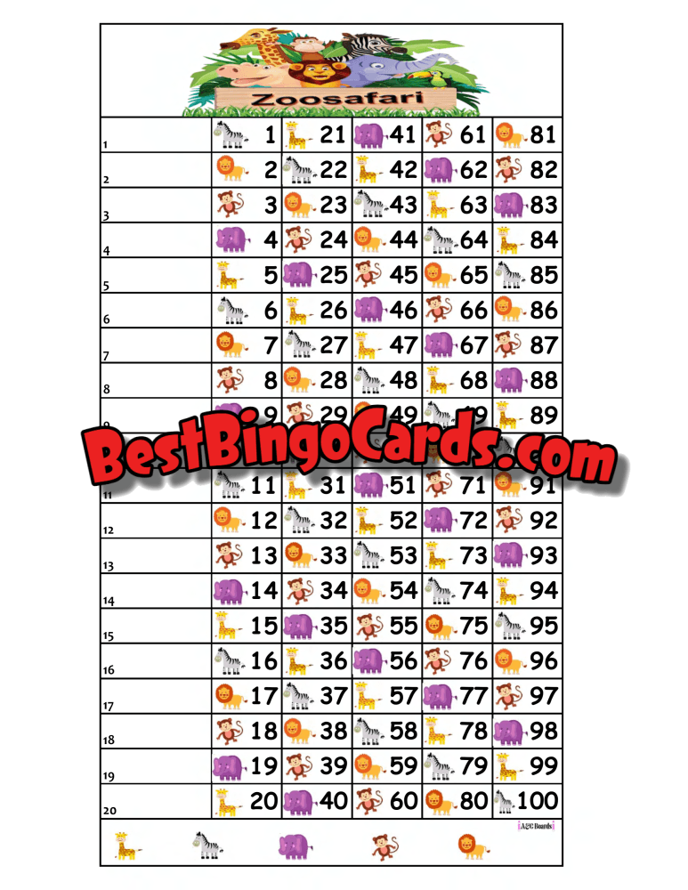 Bingo Boards 1-20 Lines - Zoo Straight Mixed 100 Ball Sets