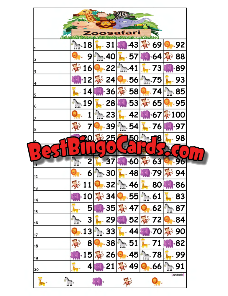 Bingo Boards 1-20 Lines - Zoo Straight Mixed 100 Ball Sets