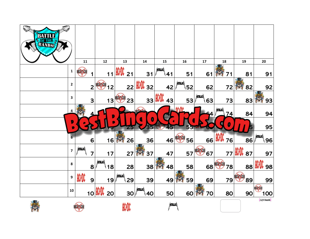 Bingo Boards 1-20 Player Grid - Battle Of The Bands Straight Mixed 100 Ball Sets