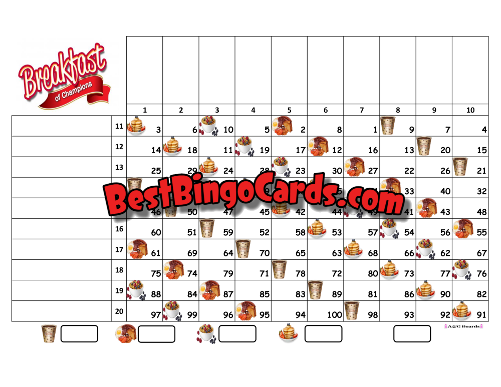 Bingo Boards 1-20 Player Grid - Breakfast Of Champions Straight Mixed 100 Ball Sets