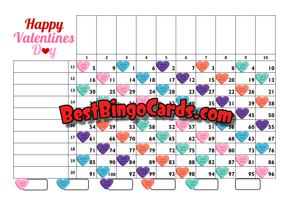 Bingo Boards 1-20 Player Grid - Happy Valentines Day Straight Mixed 100 Ball Sets