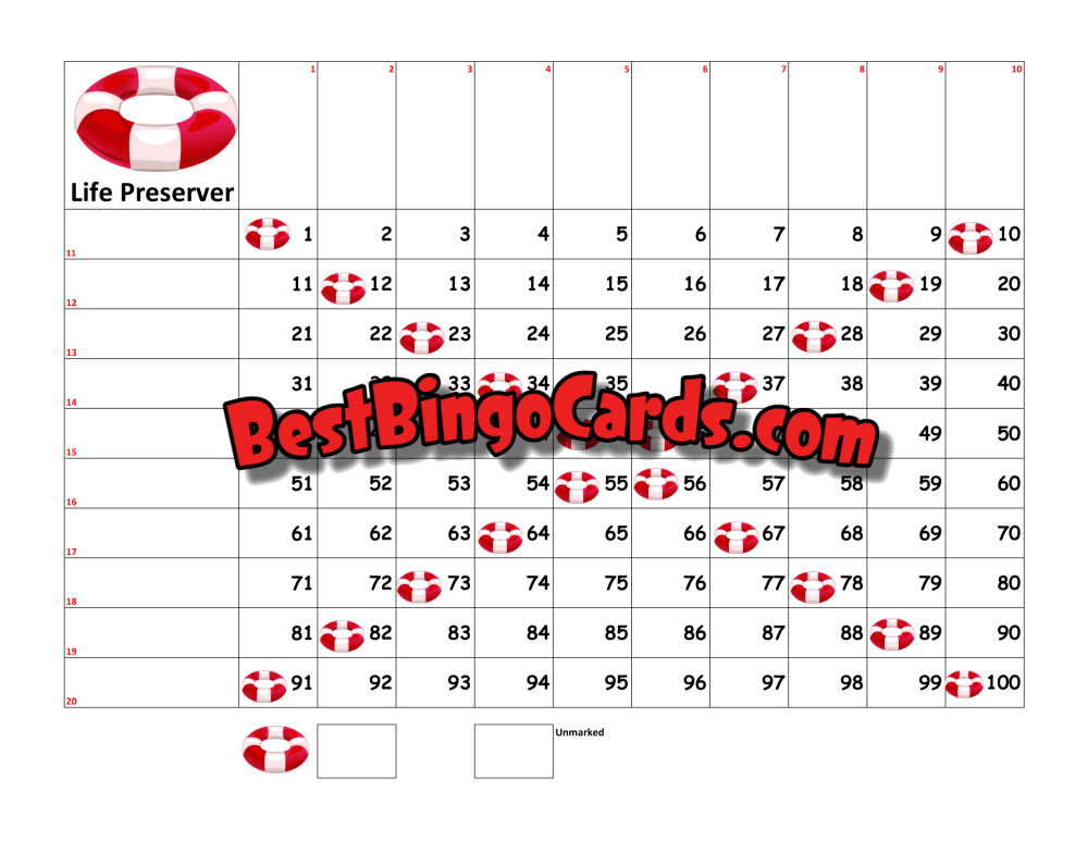 Bingo Boards 1-20 Player Grid - Life Preserver Straight 100 Ball Sets