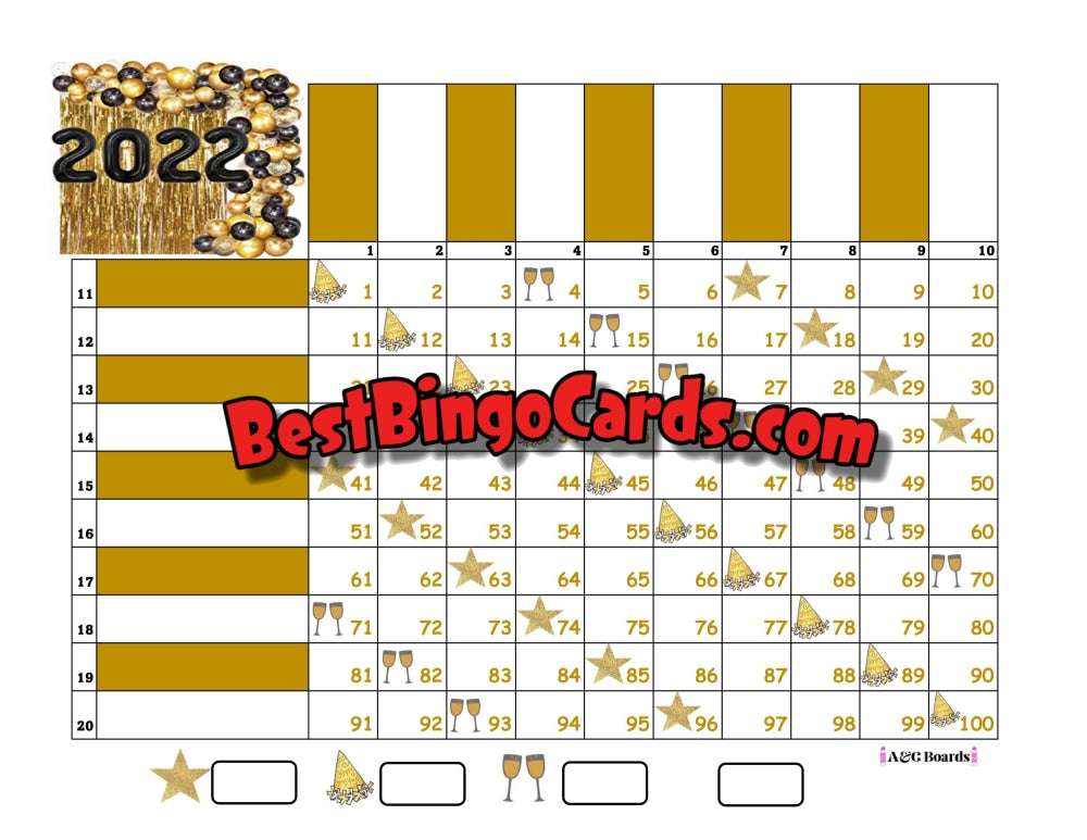 Bingo Boards 1-20 Player Grid - Nye 2022 Straight 100 Balls Sets