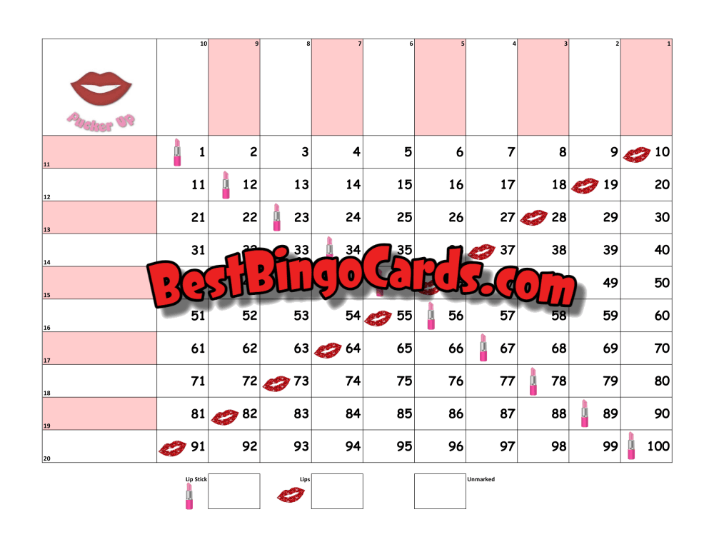 Bingo Boards 1-20 Player Grid - Pucker Up Straight 100 Ball Sets