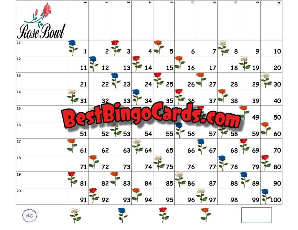 Bingo Boards 1-20 Player Grid - Roses Straight 100 Ball Sets