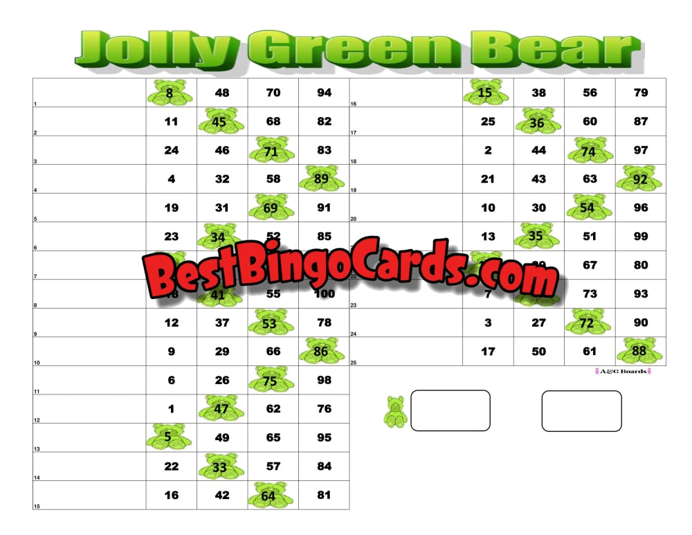 Bingo Boards 1-25 Lines - Jolly Green Bear Straight Mixed 100 Ball Sets