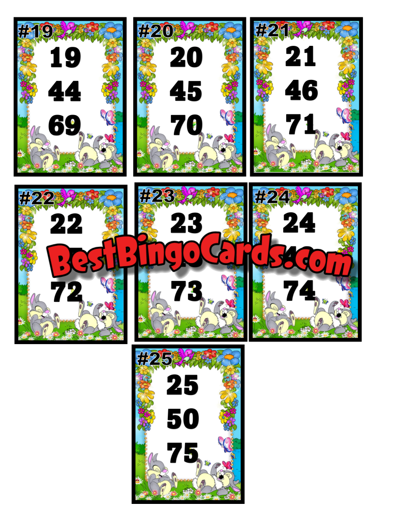 Bingo Boards 1-25 Player Hold - Bunnies Mixed 75 Ball Sets