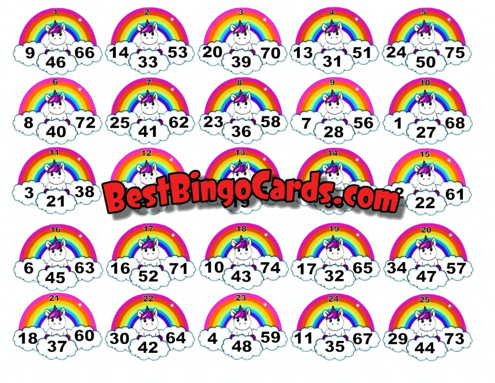 Bingo Boards 1-25 Player Hold - Rainbows And Unicorns 75 Ball Sets