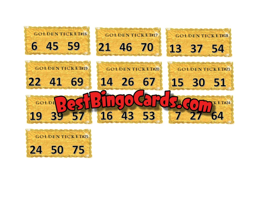 Bingo Boards 1-25 Player Holds - Golden Ticket Mixed 75 Ball Sets