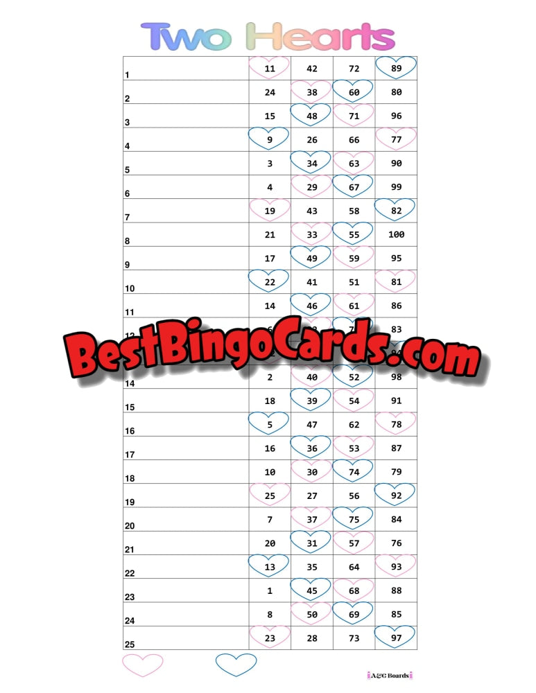 Bingo Boards 1-25 Players - Two Hearts Straight Mixed 75 Ball Sets