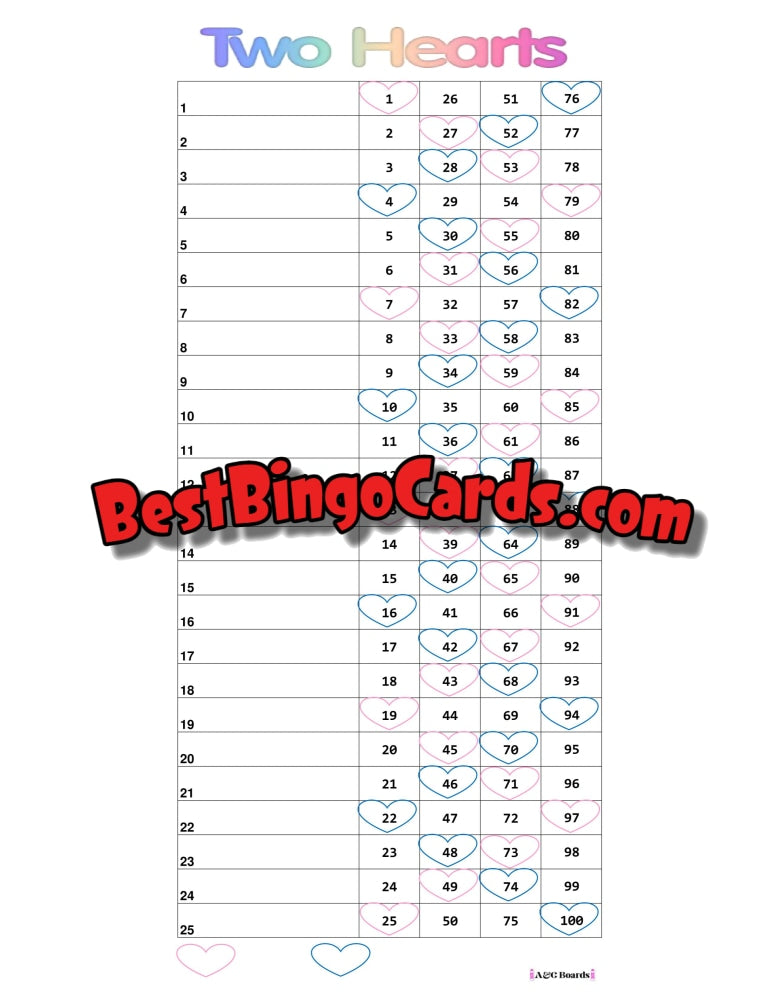 Bingo Boards 1-25 Players - Two Hearts Straight Mixed 75 Ball Sets