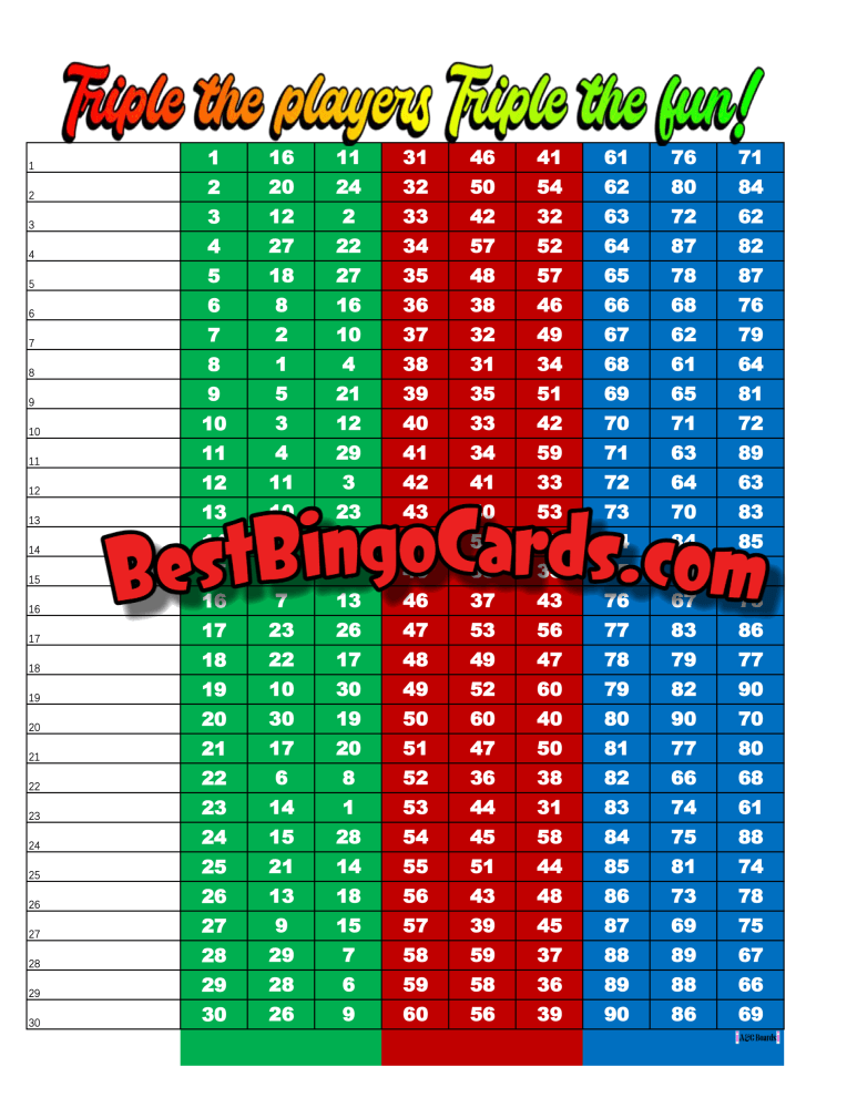 Bingo Boards 1-30 Line - Triple The Fun 30 Player Mixed 90 Ball Sets