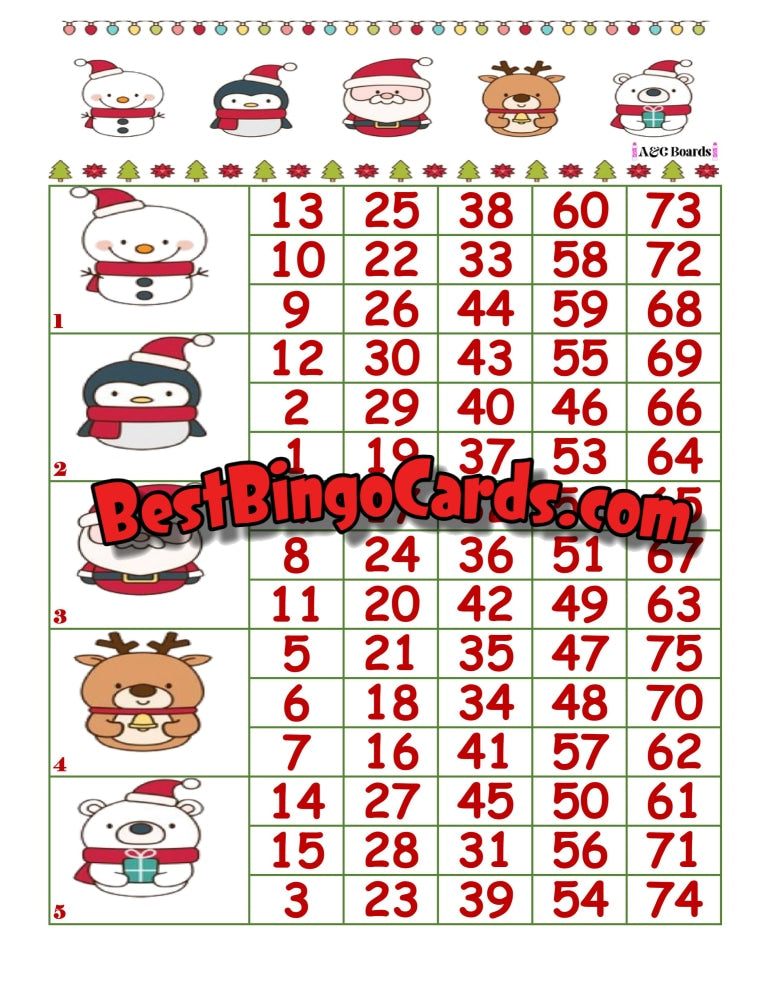 Bingo Boards 1-5 Lines Block - Christmas Straight Mixed 75 Ball Sets