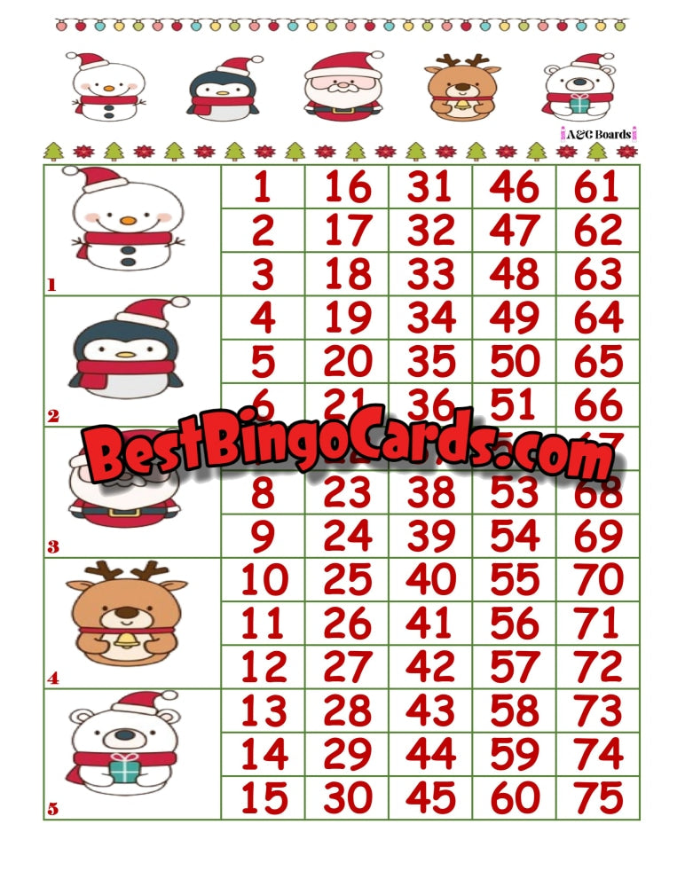 Bingo Boards 1-5 Lines Block - Christmas Straight Mixed 75 Ball Sets