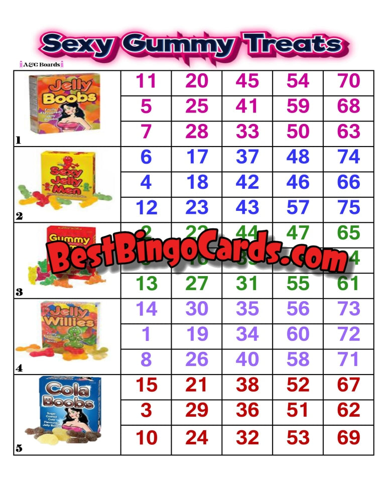 Bingo Boards 1-5 Player Block - Sexy Gummy Straight Mixed 75 Ball Sets